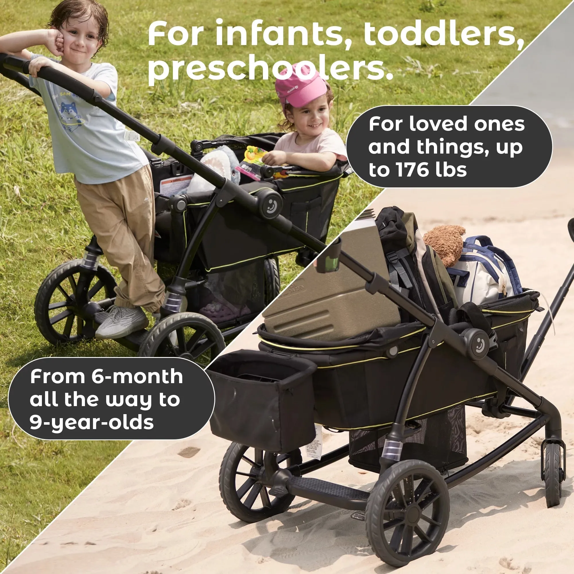 Unisex 2-Seat Wagon Stroller Folding Baby Stroller with Adjustable Canopy, 6 Months - 5 Years Old