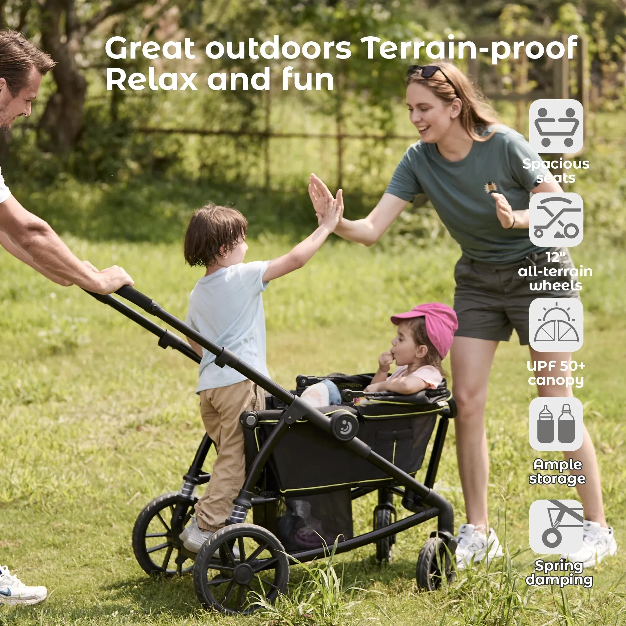 Unisex 2-Seat Wagon Stroller Folding Baby Stroller with Adjustable Canopy, 6 Months - 5 Years Old