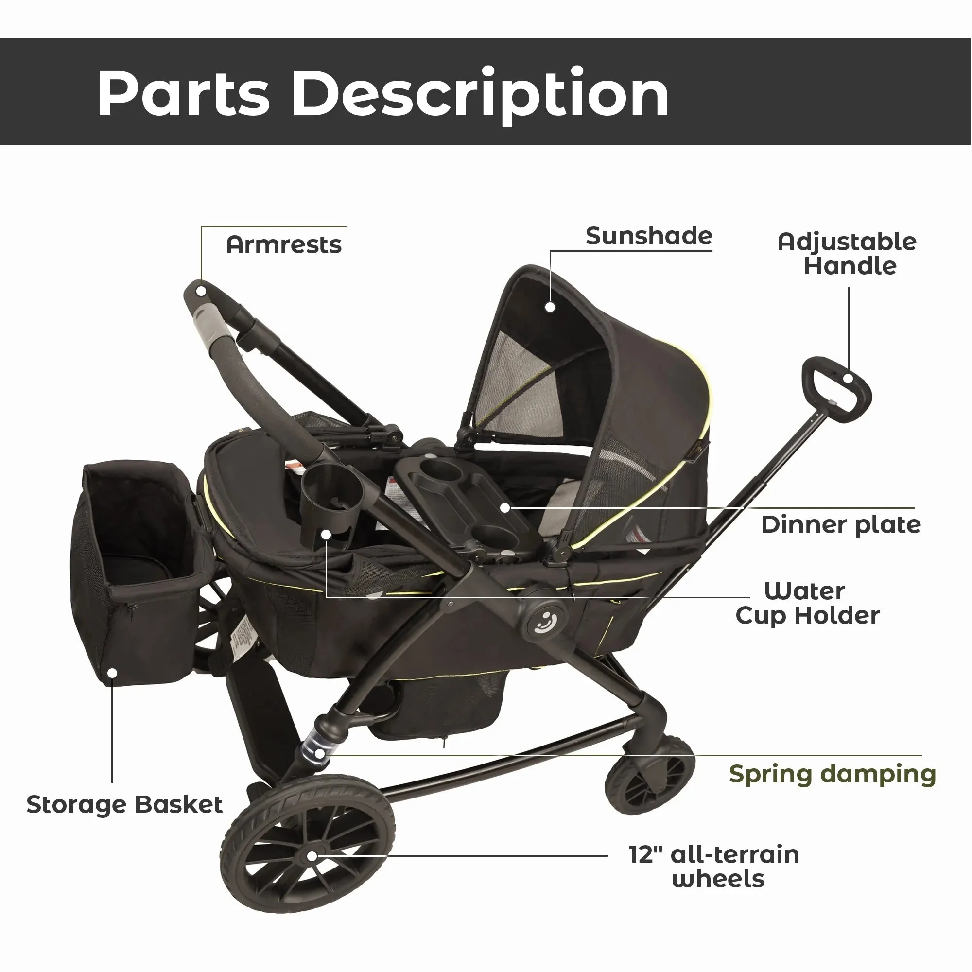 Unisex 2-Seat Wagon Stroller Folding Baby Stroller with Adjustable Canopy, 6 Months - 5 Years Old