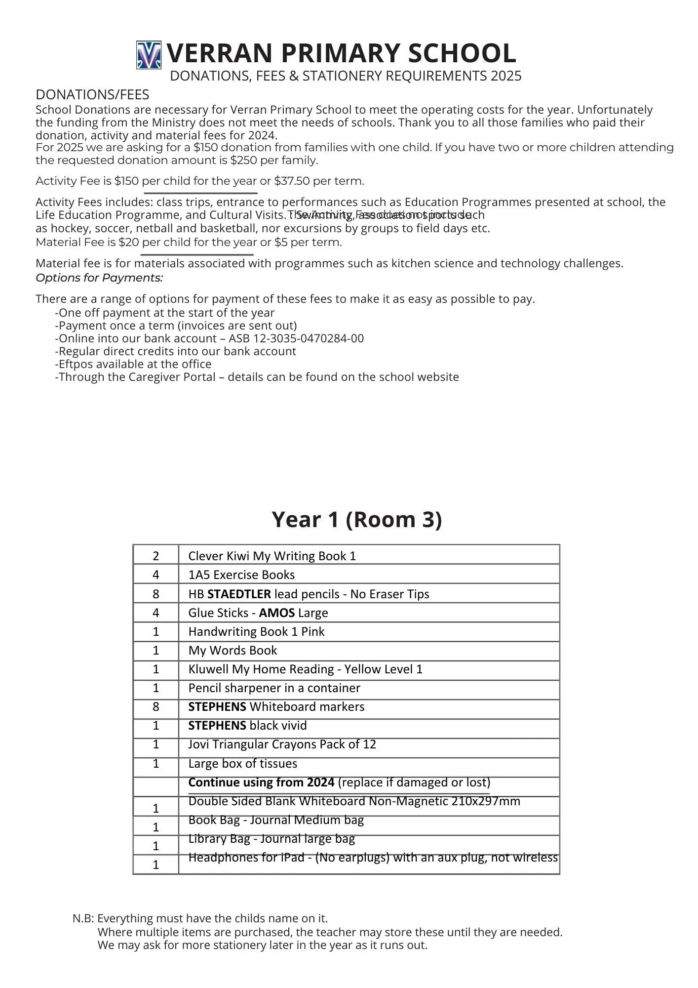 Verran Primary School Stationery Pack 2025 Year 1
