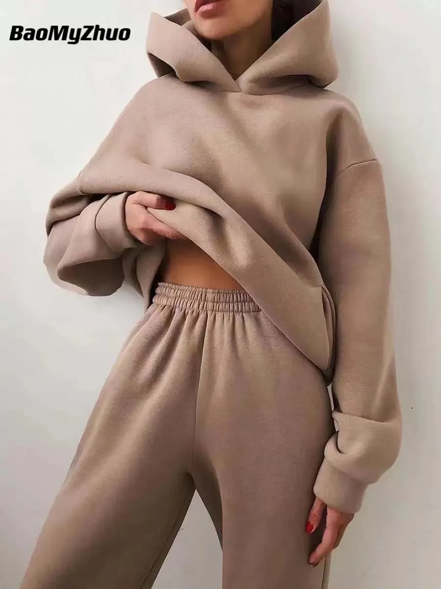 Winter Two Piece Sets Women Tracksuit Oversized Suit 2023 Autumn Trouser Suits Female Sweatshirt Solid Sports Hoodie Sportswear