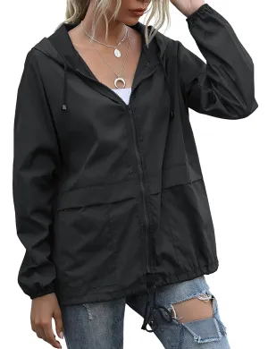 Women's Raincoats Lightweight Waterproof Windproof Adjustable Windbreaker Rain Jackets Hooded with Pockets S-XXL XX-Large Zipper Black