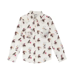 Wrangler Girl's Rodeo Cowboy Print Long Sleeve Snap Shirt