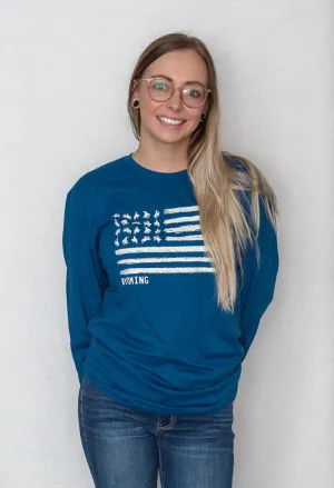 Wyoming Bucking Bronco Flag-Long Sleeve Tee Shirt - Cool Blue