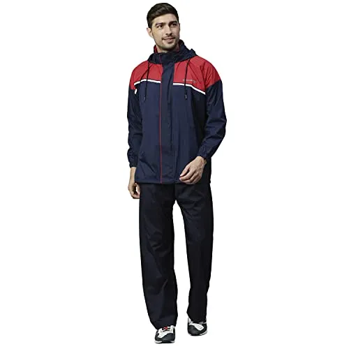 Zeel Rain Coat for Men Waterproof for Bike Riders with Adjustable Hood and Pocket,Waterproof Raincoat with Polyester Jacket Pant and Carrying Pouch,AZ06 Navy-Red XL