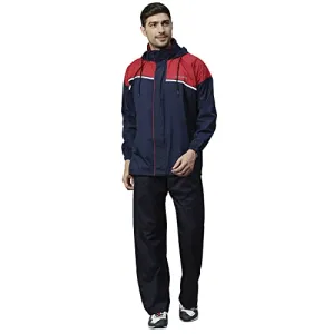 Zeel Rain Coat for Men Waterproof for Bike Riders with Adjustable Hood and Pocket,Waterproof Raincoat with Polyester Jacket Pant and Carrying Pouch,AZ06 Navy-Red XL