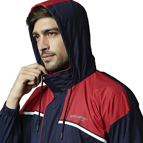 Zeel Rain Coat for Men Waterproof for Bike Riders with Adjustable Hood and Pocket,Waterproof Raincoat with Polyester Jacket Pant and Carrying Pouch,AZ06 Navy-Red XL