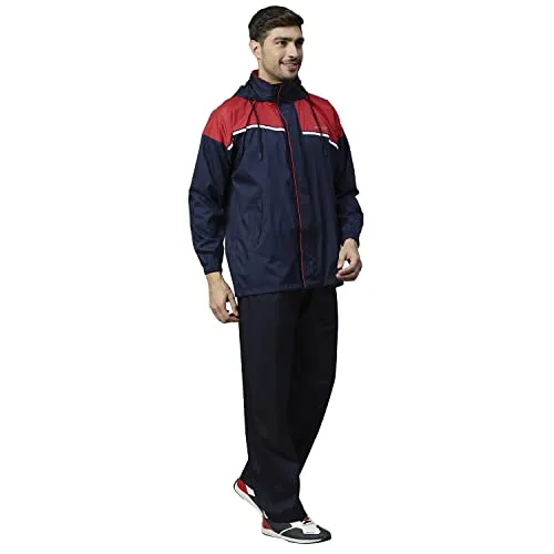 Zeel Rain Coat for Men Waterproof for Bike Riders with Adjustable Hood and Pocket,Waterproof Raincoat with Polyester Jacket Pant and Carrying Pouch,AZ06 Navy-Red XL