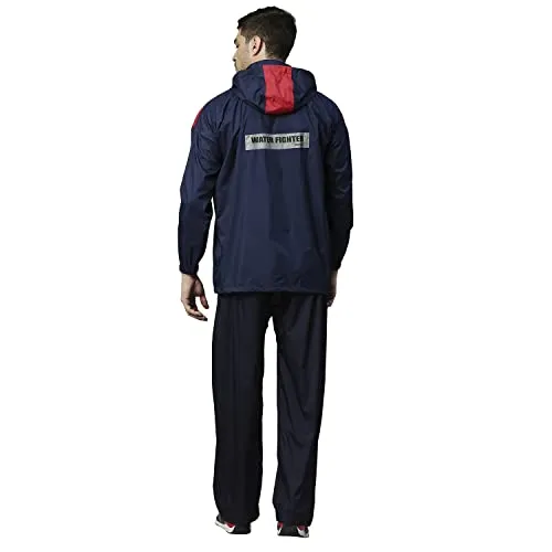 Zeel Rain Coat for Men Waterproof for Bike Riders with Adjustable Hood and Pocket,Waterproof Raincoat with Polyester Jacket Pant and Carrying Pouch,AZ06 Navy-Red XL