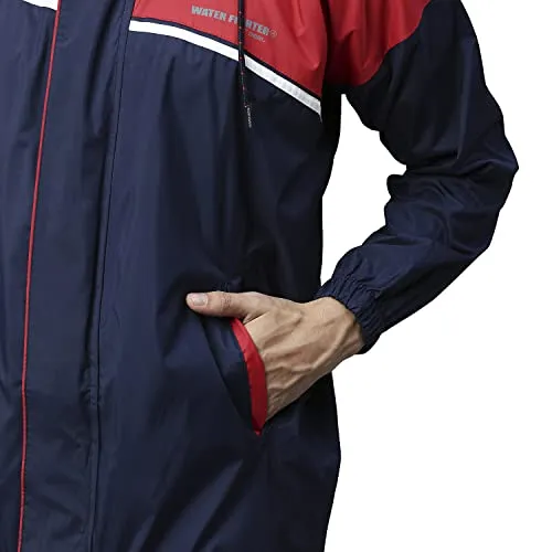 Zeel Rain Coat for Men Waterproof for Bike Riders with Adjustable Hood and Pocket,Waterproof Raincoat with Polyester Jacket Pant and Carrying Pouch,AZ06 Navy-Red XL