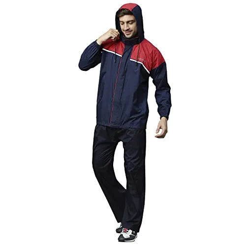 Zeel Rain Coat for Men Waterproof for Bike Riders with Adjustable Hood and Pocket,Waterproof Raincoat with Polyester Jacket Pant and Carrying Pouch,AZ06 Navy-Red XL