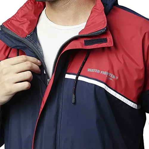 Zeel Rain Coat for Men Waterproof for Bike Riders with Adjustable Hood and Pocket,Waterproof Raincoat with Polyester Jacket Pant and Carrying Pouch,AZ06 Navy-Red XL